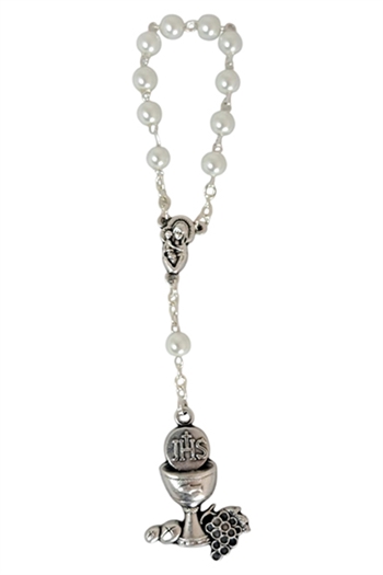 ROSARY BEADS - WHITE WITH HOLY COMMUNION SYMBOL